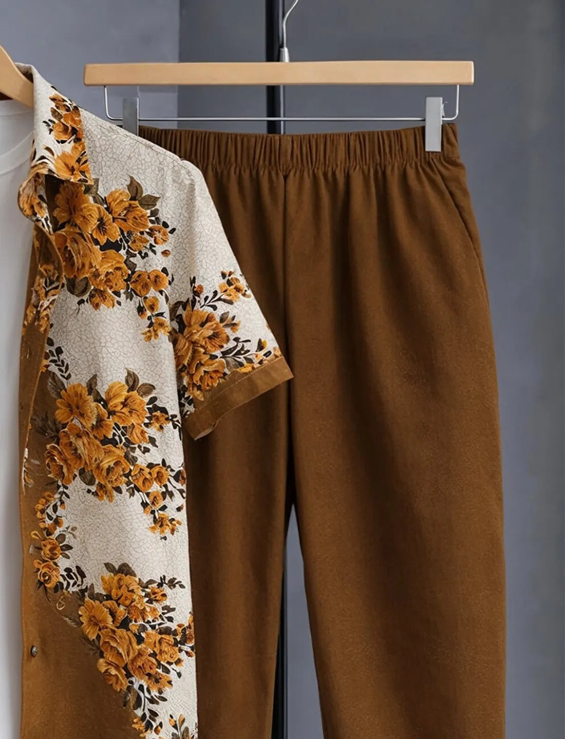Brown Floral Half Shirt Full Pant Cord-Set