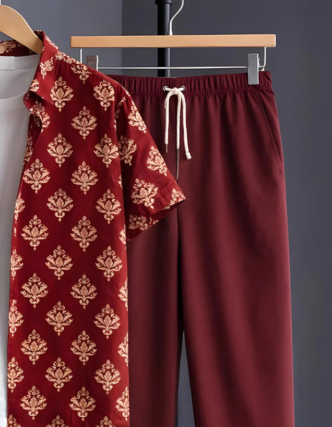 Maroon Motif Half Shirt Full Pant Cord-Set