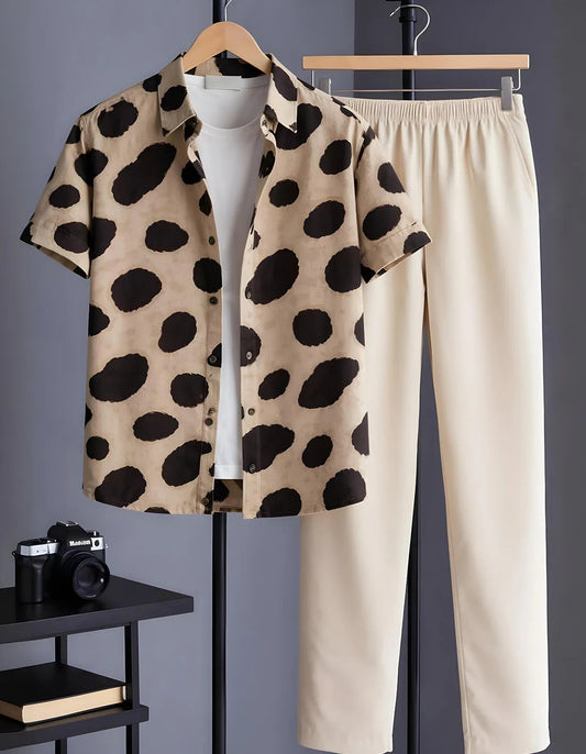 Beige Abstract Half Shirt Full Pant Cord-Set