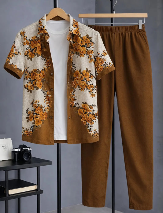 Brown Floral Half Shirt Full Pant Cord-Set
