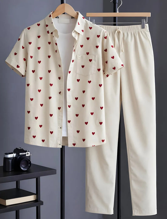 Cream Hear Half Shirt Full Pant Cord-Set