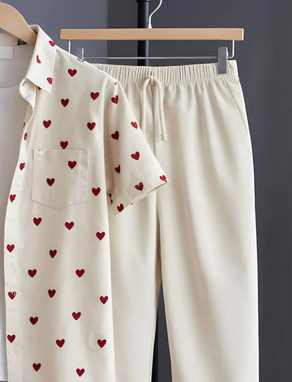 Cream Hear Half Shirt Full Pant Cord-Set