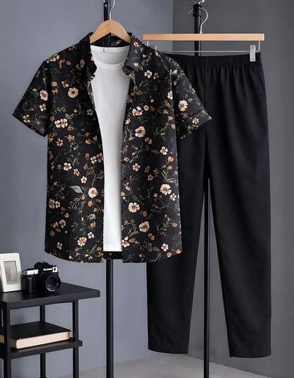 Black Floral Half Shirt Full Pant Cord-Set