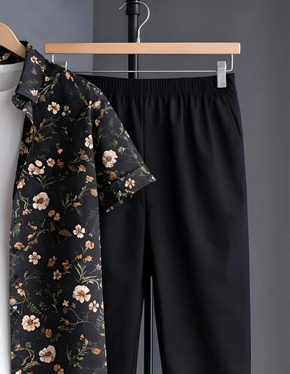 Black Floral Half Shirt Full Pant Cord-Set
