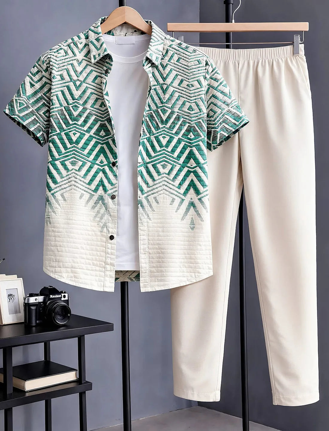 Green Geometric Half Shirt Full Pant Cord-Set