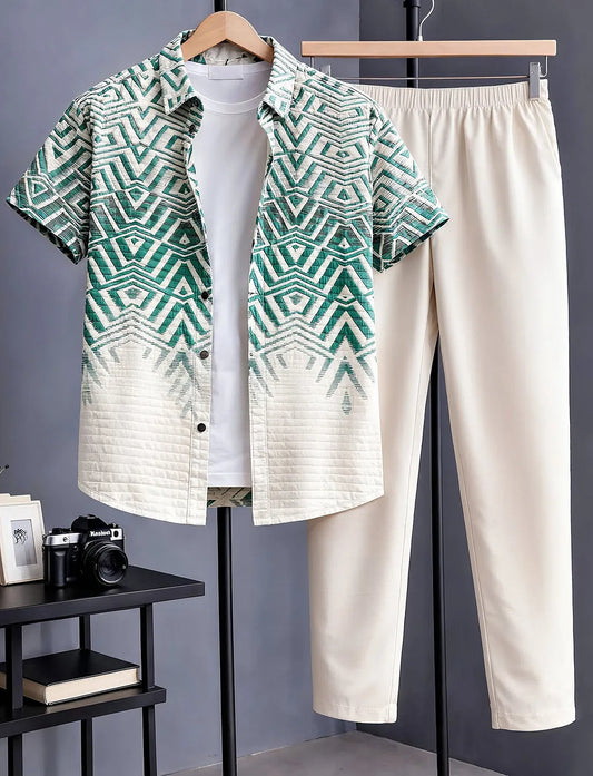 Green Geometric Half Shirt Full Pant Cord-Set
