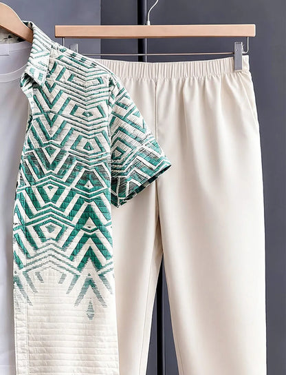 Green Geometric Half Shirt Full Pant Cord-Set