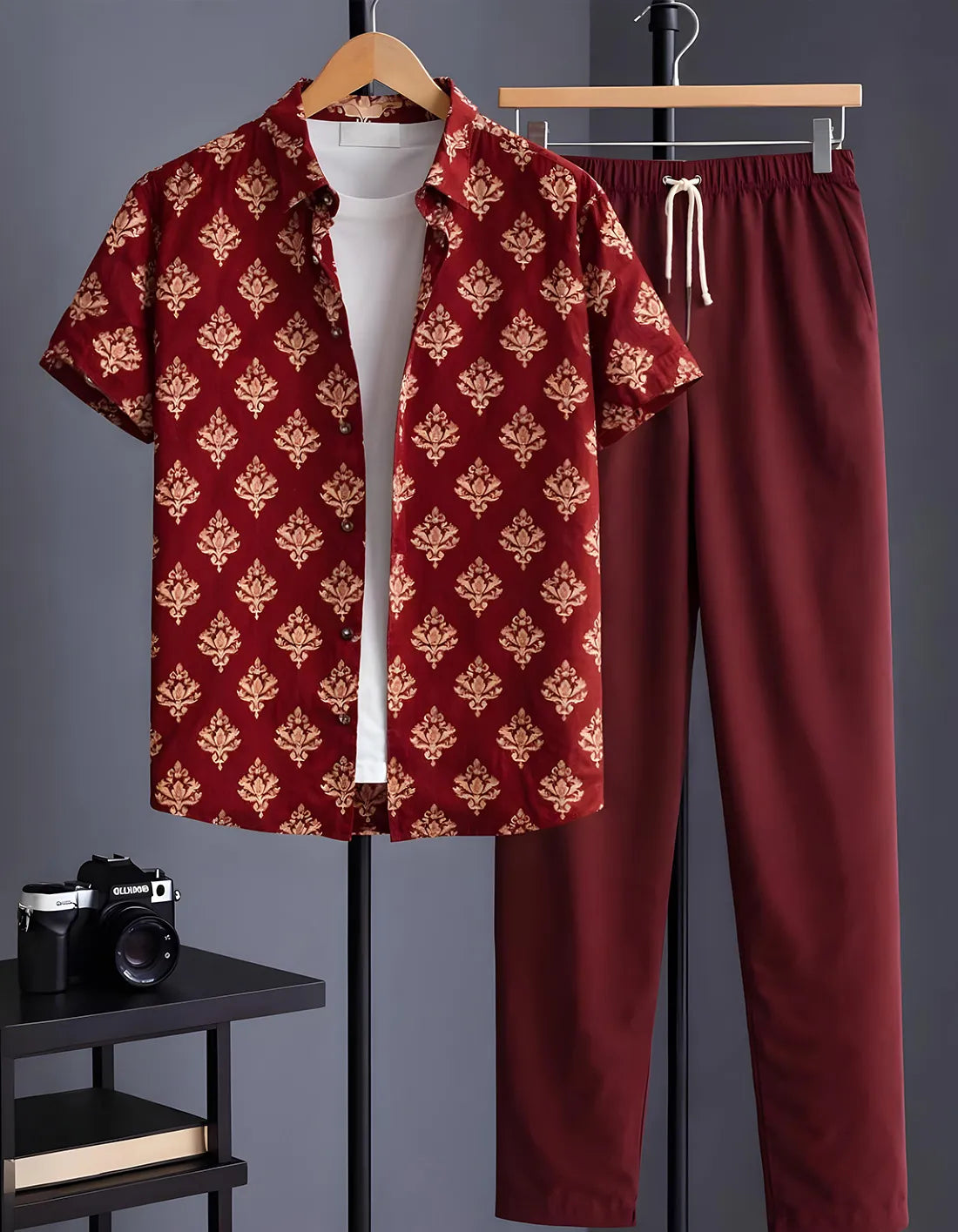 Maroon Motif Half Shirt Full Pant Cord-Set