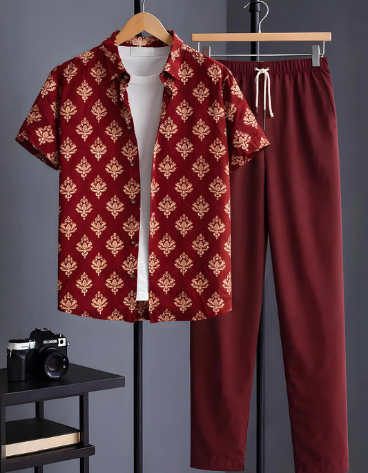 Maroon Motif Half Shirt Full Pant Cord-Set