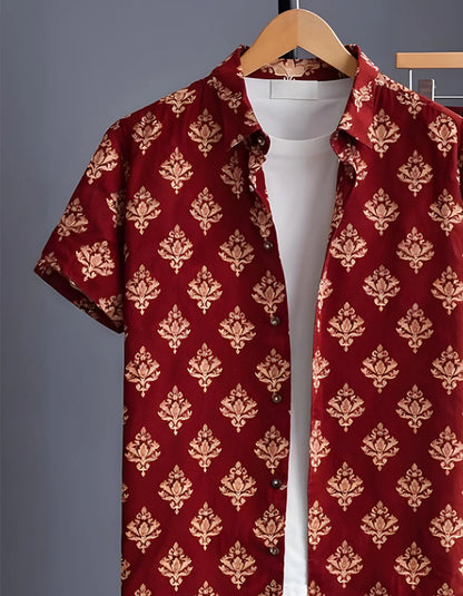 Maroon Motif Half Shirt Full Pant Cord-Set
