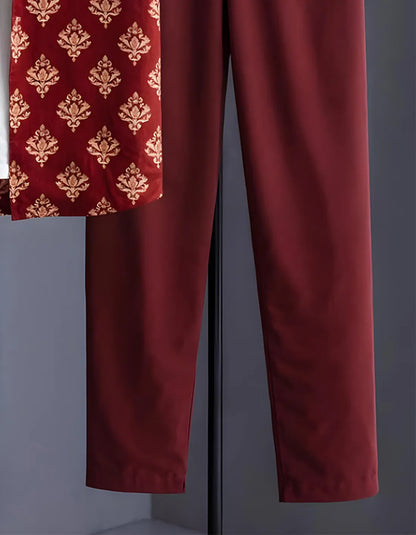 Maroon Motif Half Shirt Full Pant Cord-Set