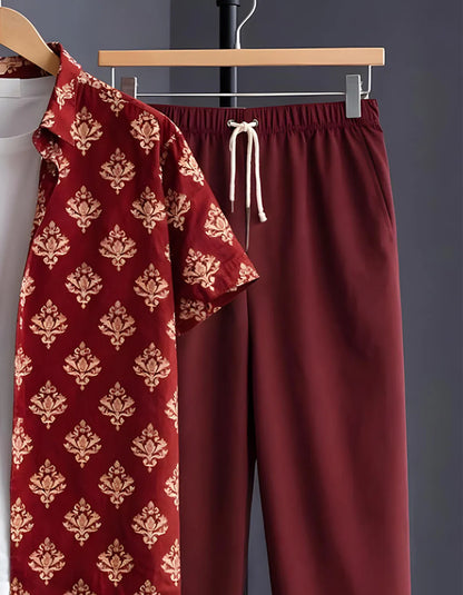 Maroon Motif Half Shirt Full Pant Cord-Set