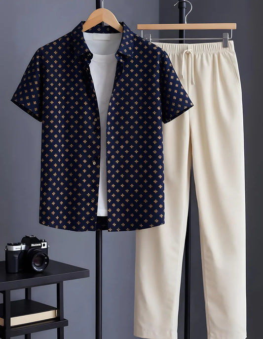 Navy Motif Half Shirt Full Pant Cord-Set