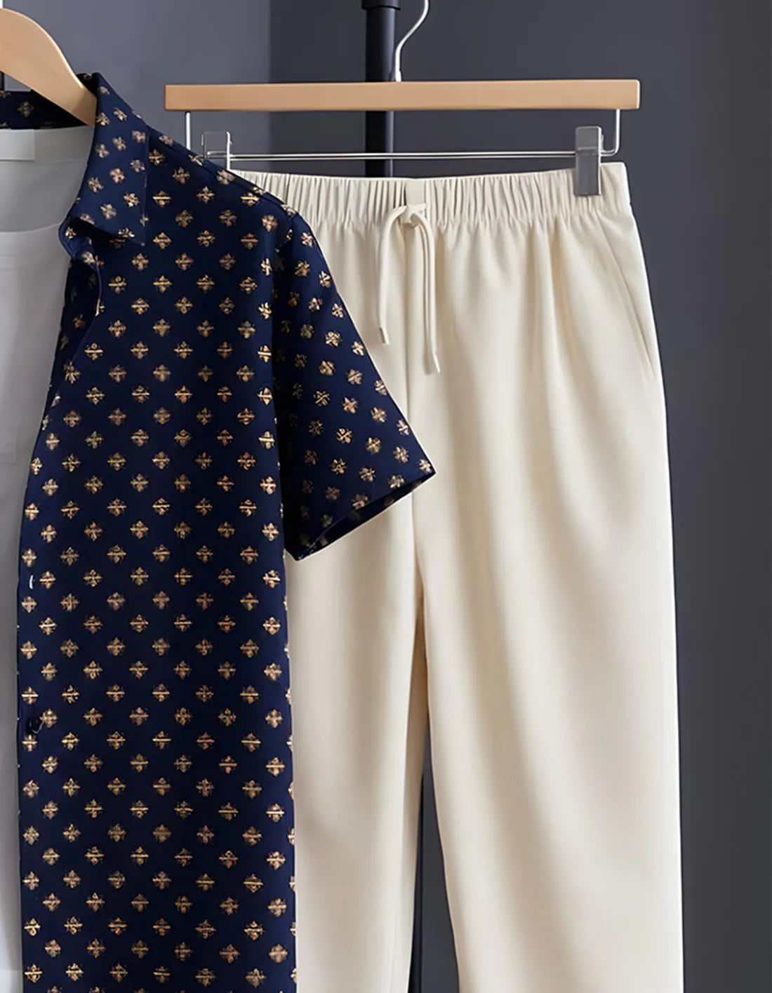 Navy Motif Half Shirt Full Pant Cord-Set