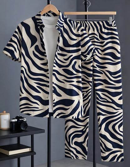Navy Zebra Half Shirt Full Pant Cord-Set