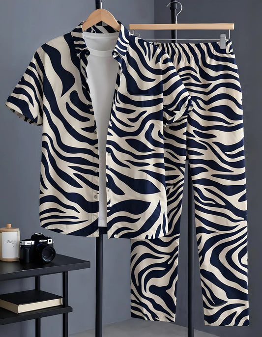 Navy Zebra Half Shirt Full Pant Cord-Set