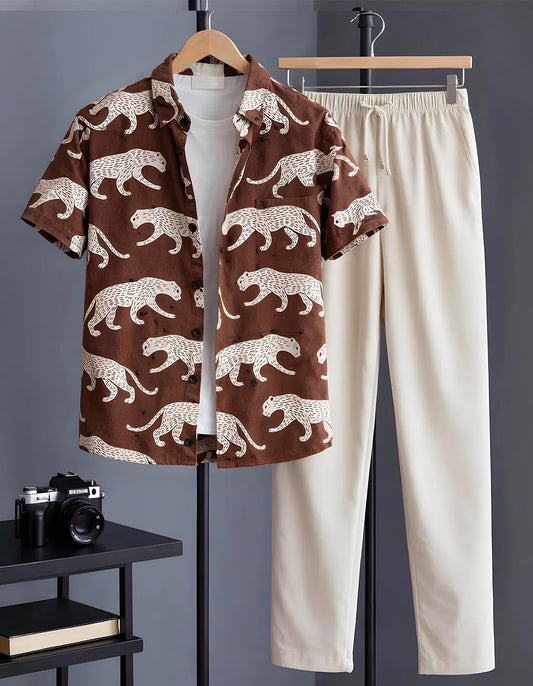 Panther Motif Half Shirt Full Pant Cord-Set
