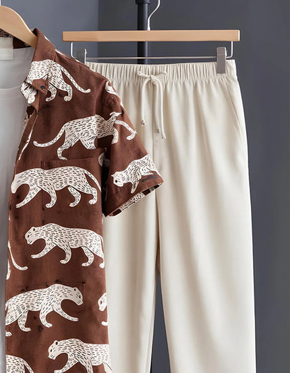 Panther Motif Half Shirt Full Pant Cord-Set