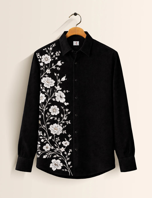 Black Flower Printed Mens Exclusive Stylish Full Sleeves Shirt - XPST
