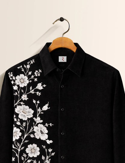 Black Flower Printed Mens Full Sleeves Shirt - XPST