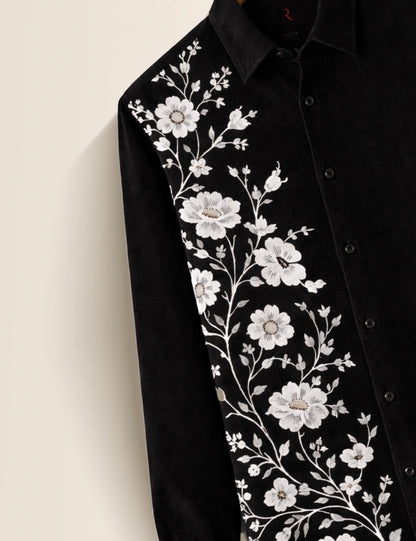 Black Flower Printed Mens Full Sleeves Shirt - XPST