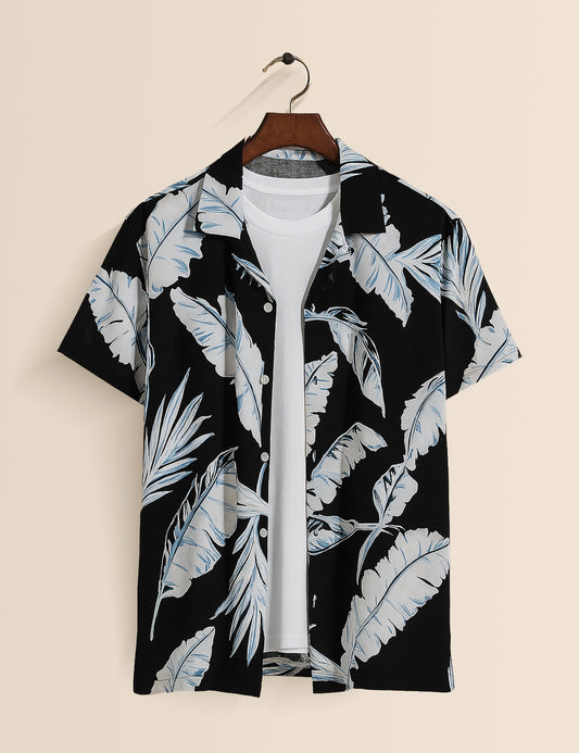 Black and White Leaf Men's Exclusive Stylish Half Sleeves Shirt - XPST