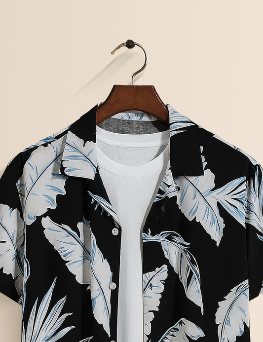 Black and White Leaf Men's Exclusive Stylish Half Sleeves Shirt - XPST