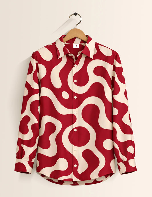 Red Wave Printed Mens Exclusive Stylish Full Sleeves Shirt - XPST